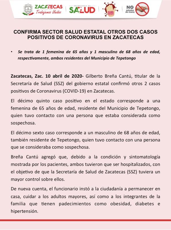 CONFIRMA SECTOR SALUD ESTATAL OTROS DOS CASOS POSITIVOS DE CORONAVIRUS EN ZACATECAS