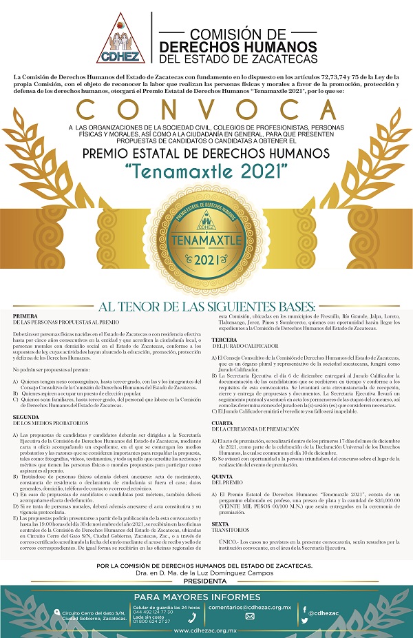 La CDHEZ convoca al Premio de Estatal de Derechos Humanos “Tenamaxtle 2021”