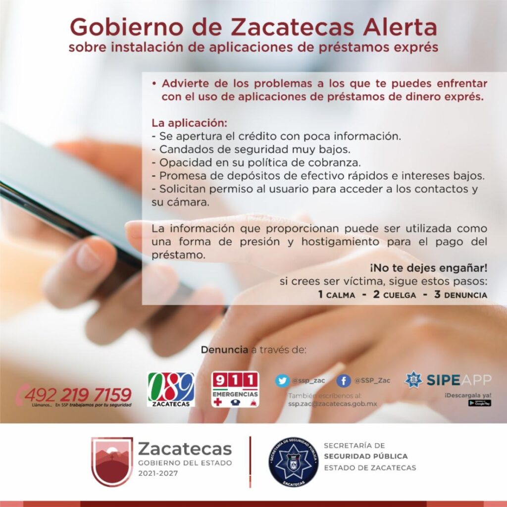 Alerta Gobierno de Zacatecas sobre el uso de aplicaciones para préstamos de dinero exprés