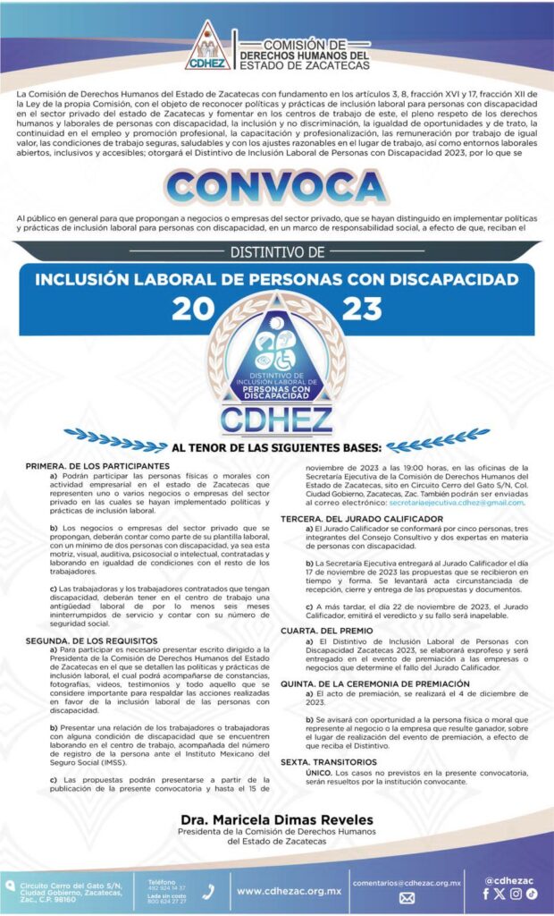 La CDHEZ convoca a participar en el Distintivo de Inclusión Laboral de Personas con Discapacidad 2023