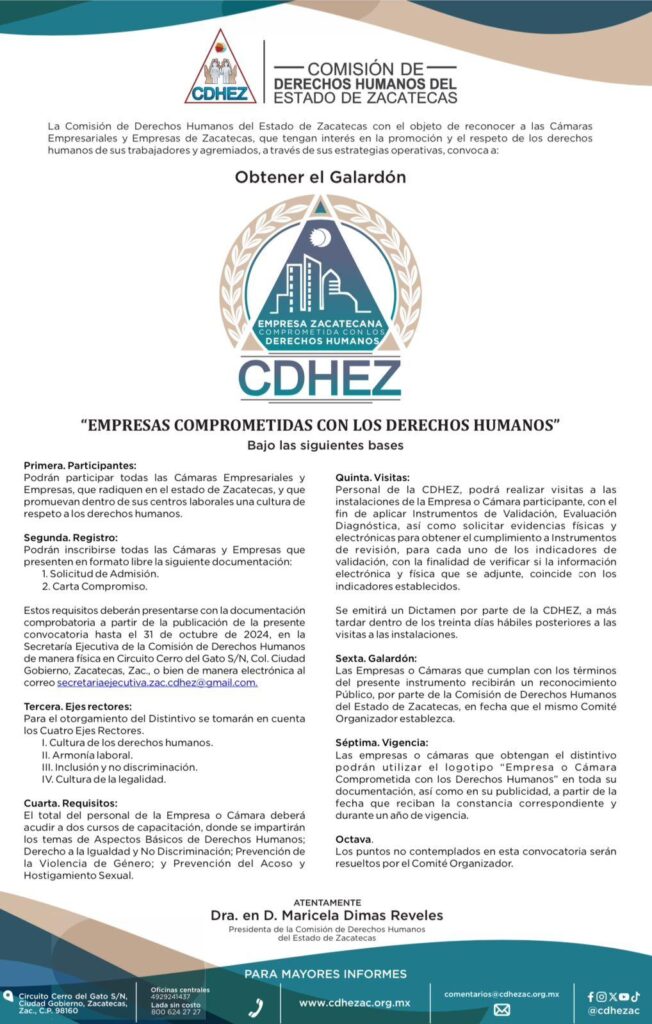 La CDHEZ convoca a obtener el Galardón “Empresas Comprometidas con los Derechos Humanos”