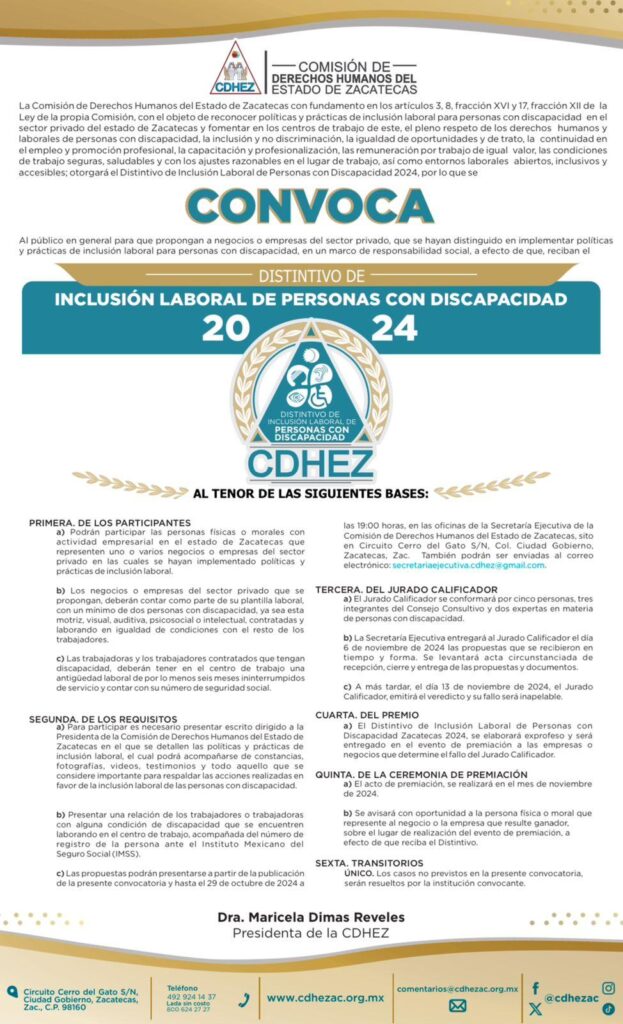 La CDHEZ convoca a participar en el Distintivo de Inclusión Laboral de Personas con Discapacidad 2024