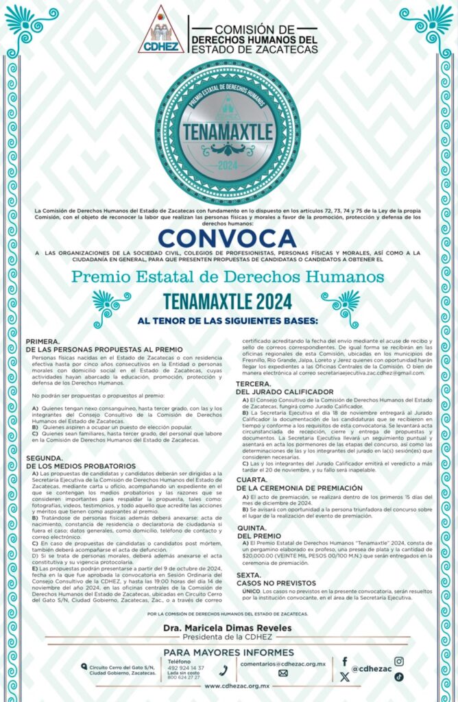 La CDHEZ convoca al Premio Estatal de Derechos Humanos “Tenamaxtle 2024”