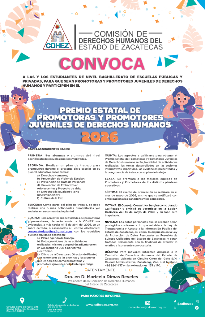Invita la CDHEZ a participar en el Premio Estatal de Promotoras y Promotores Juveniles de Derechos Humanos 2026